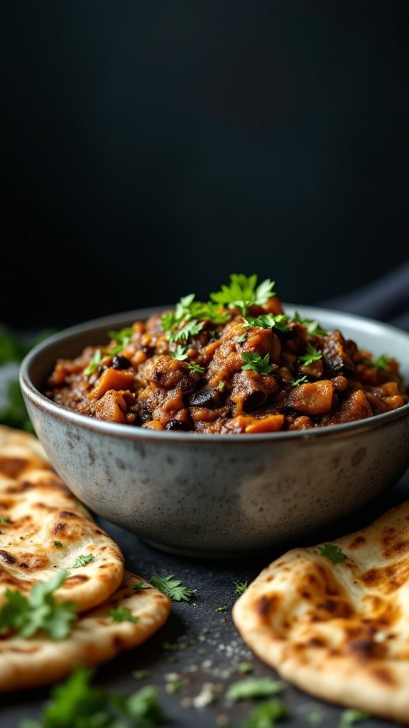 A bowl of Eggplant Bharta served with naan and garnished with cilantro.