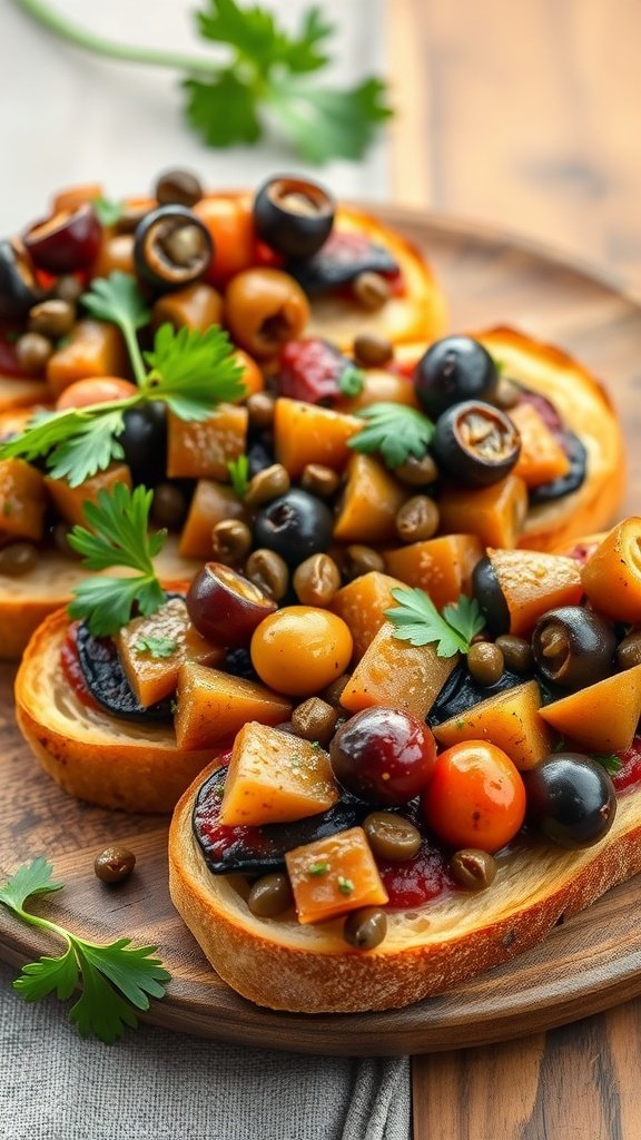 Bruschetta topped with eggplant caponata, olives, and capers.