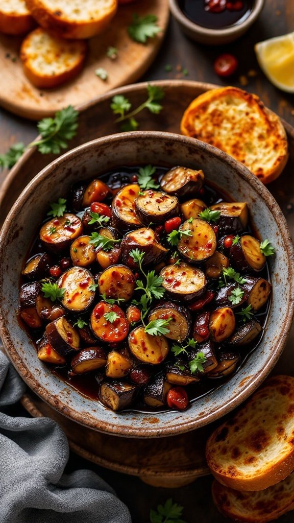 A bowl of Eggplant Caponata with bread slices
