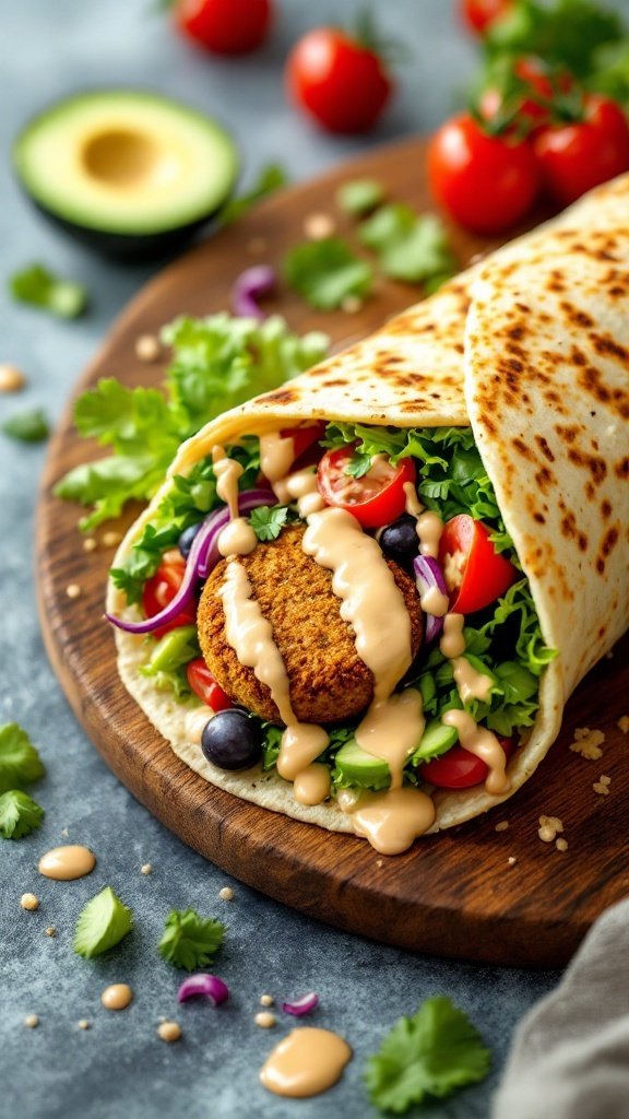 Falafel wrap filled with vegetables and drizzled with tahini sauce on a wooden board