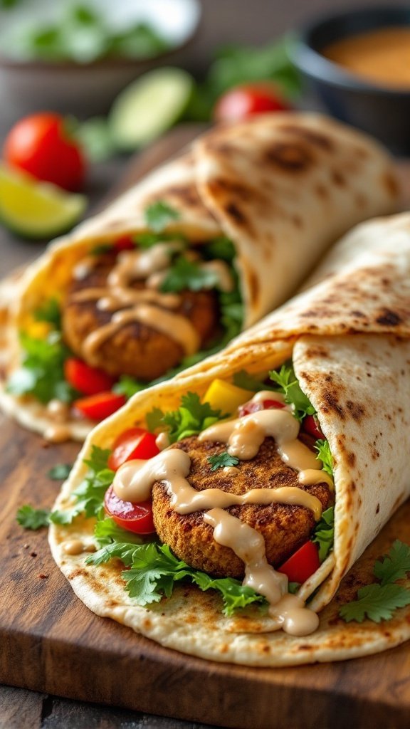 Falafel wraps filled with fresh vegetables and topped with tahini sauce.
