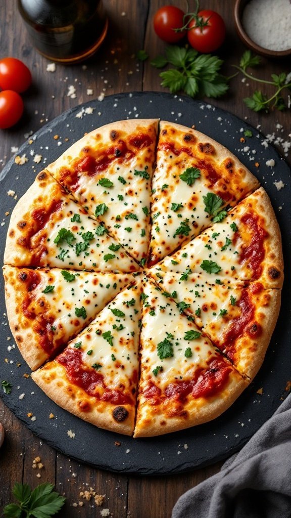 A delicious Four Cheese Flatbread Pizza topped with fresh parsley.