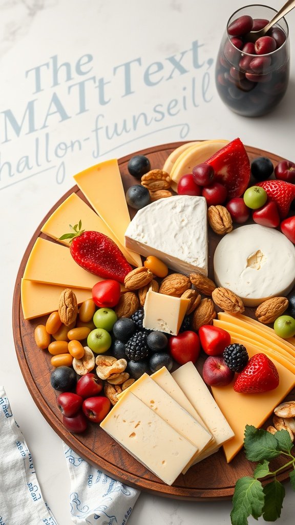 An appealing arrangement of fruits, cheeses, and nuts on a wooden serving board.
