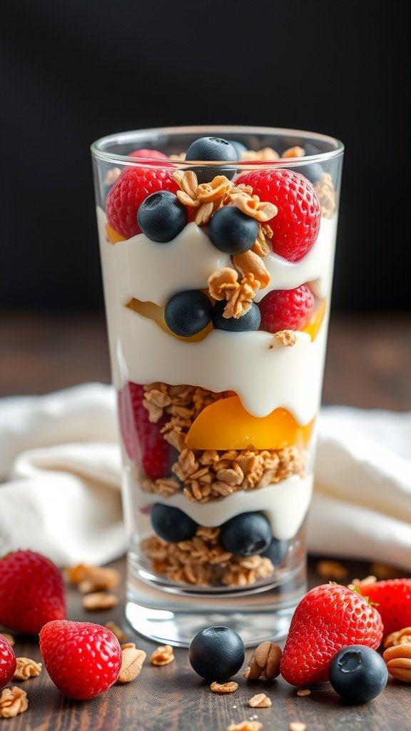 A delicious fruit and nut yogurt parfait layered with yogurt, fruits, and granola.