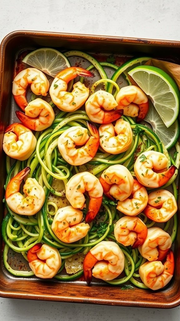 A delicious plate of garlic butter shrimp served with zucchini noodles.