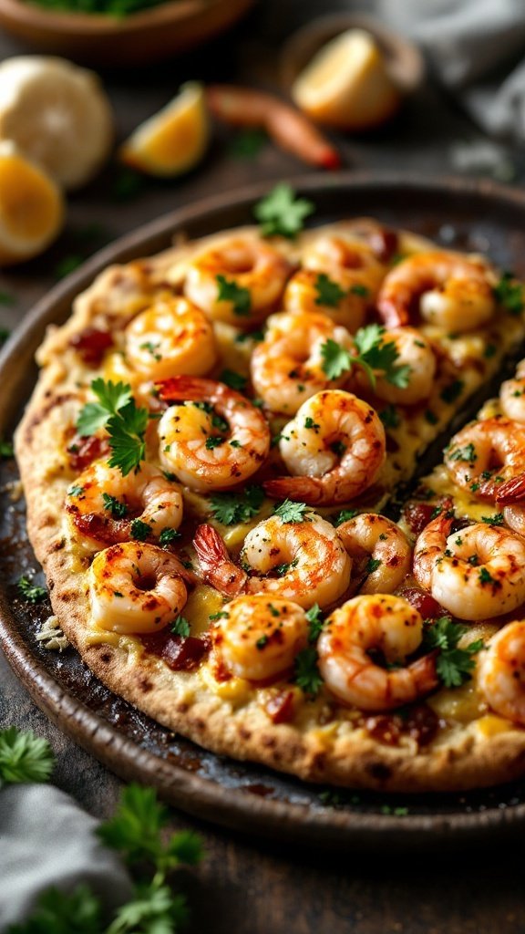 Garlic shrimp flatbread pizza with fresh herbs and lemon wedges