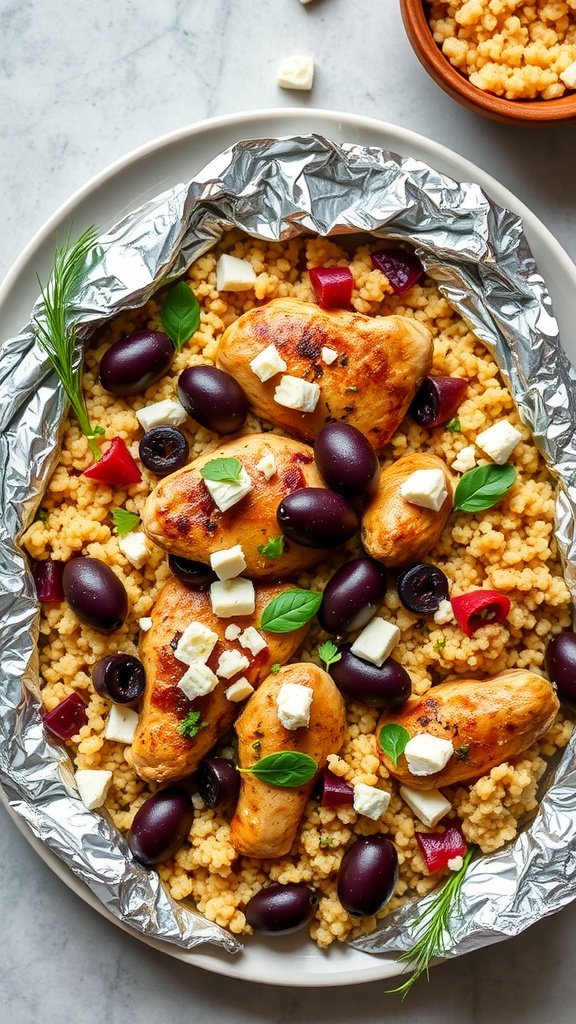 A delicious Greek chicken and couscous dish served in a foil pack