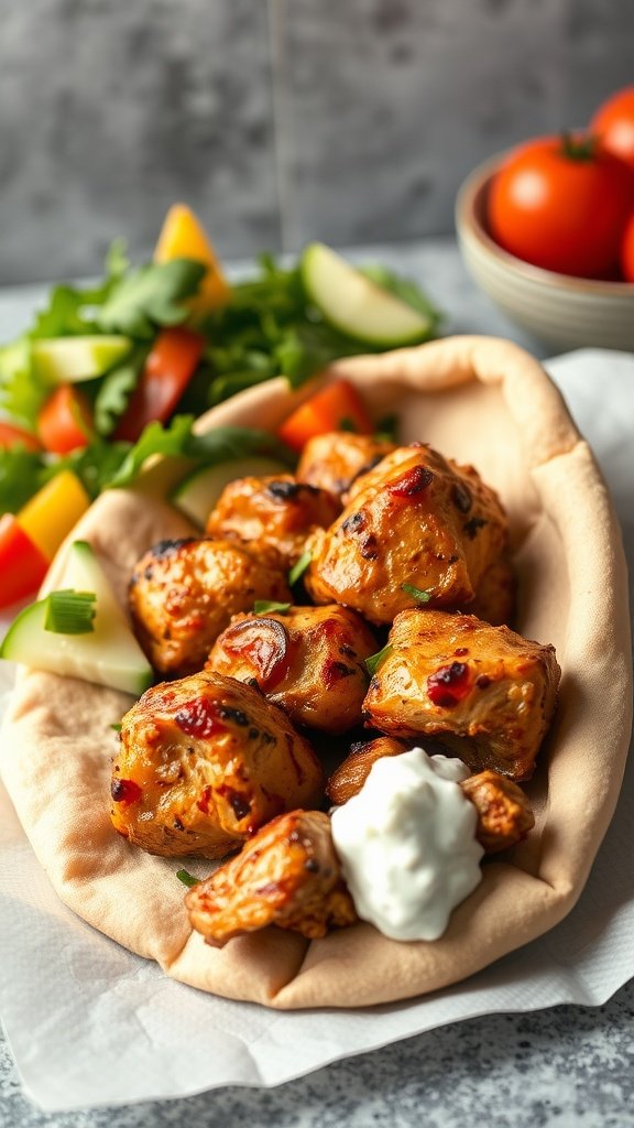 Greek Chicken Souvlaki served in pita with fresh vegetables and tzatziki sauce.