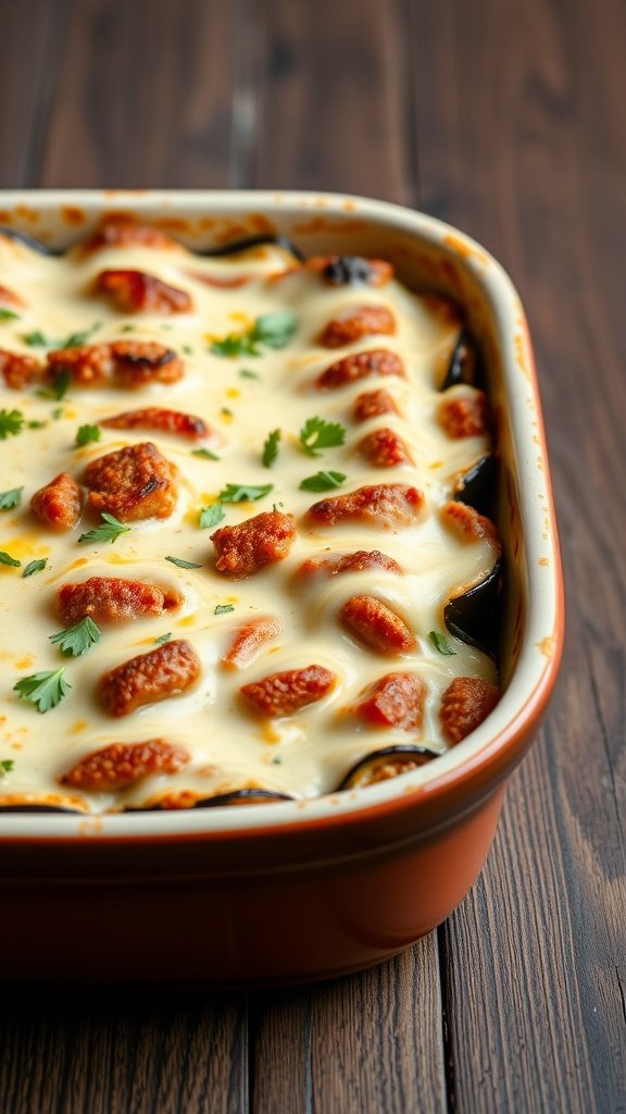 A delicious dish of Greek Moussaka with layers of eggplant and creamy sauce.