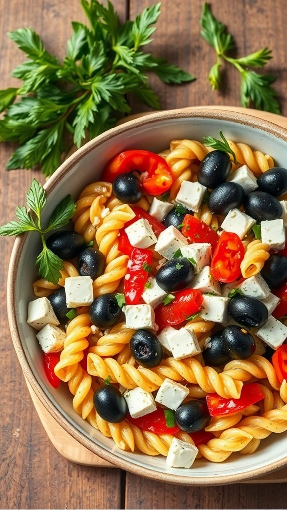 A bowl of Greek pasta salad with olives, cherry tomatoes, and feta cheese.