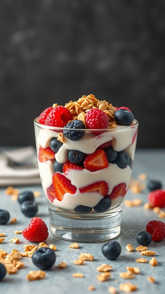 A delicious Greek yogurt and berry parfait layered with fresh fruits and granola.