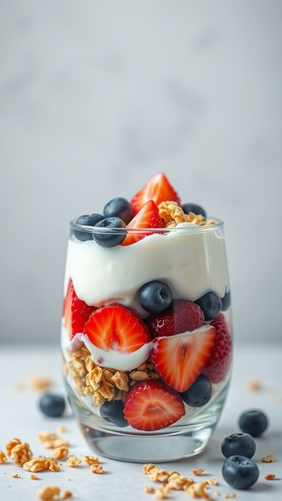 A glass of Greek yogurt and berry parfait layered with granola and fresh fruit.

15 affordable no-cook dinner ideas 