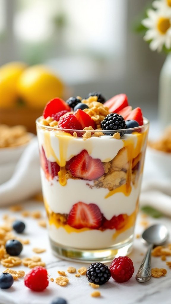 A delicious Greek yogurt parfait with layers of yogurt, berries, and granola.

12 Affordable Mediterranean Diet Meals