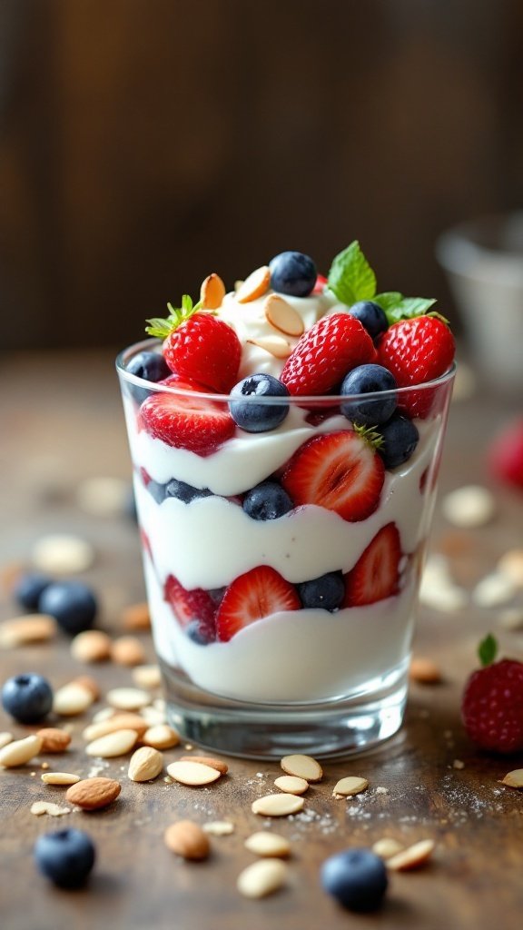 A bowl of Greek yogurt layered with fresh berries and nuts.