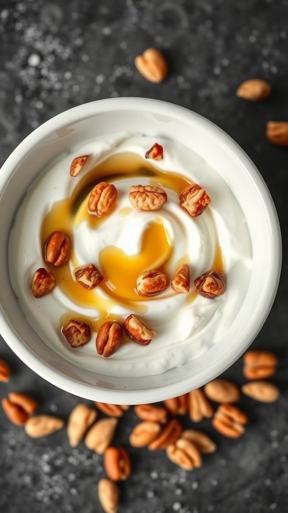 A bowl of creamy Greek yogurt topped with honey and mixed nuts.