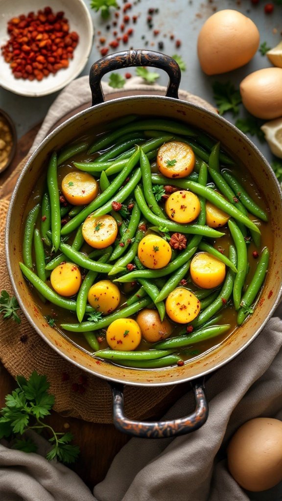 A pot of green bean and potato curry with vivid colors.