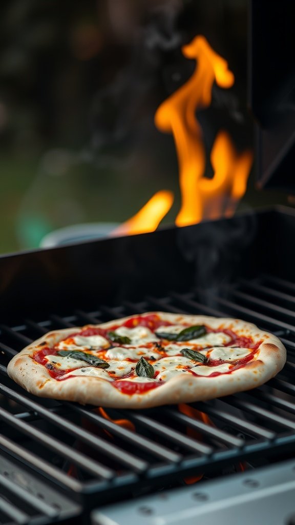 A grilled pizza on a BBQ with flames in the background