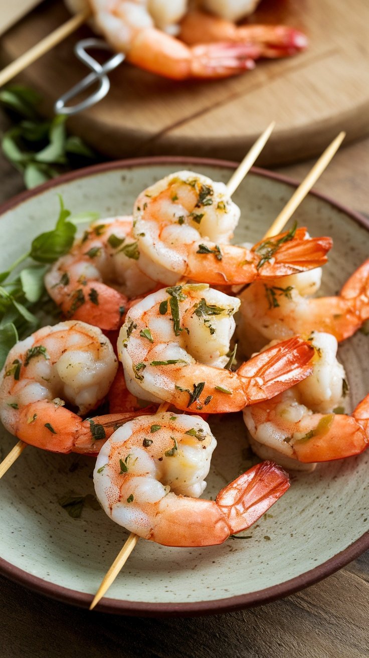 Grilled shrimp skewers garnished with herbs on a plate