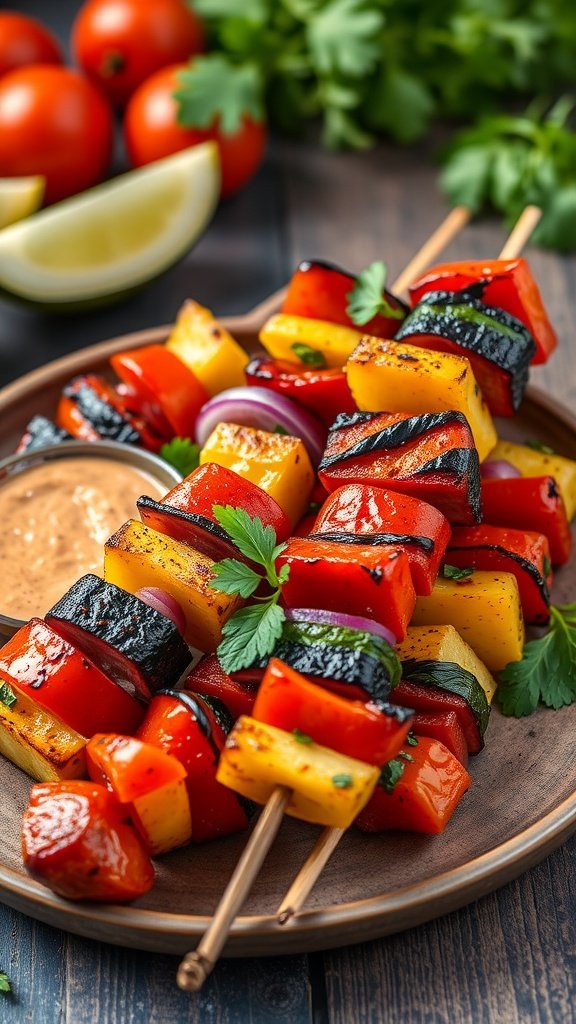 Colorful harissa marinated vegetable kebabs on skewers