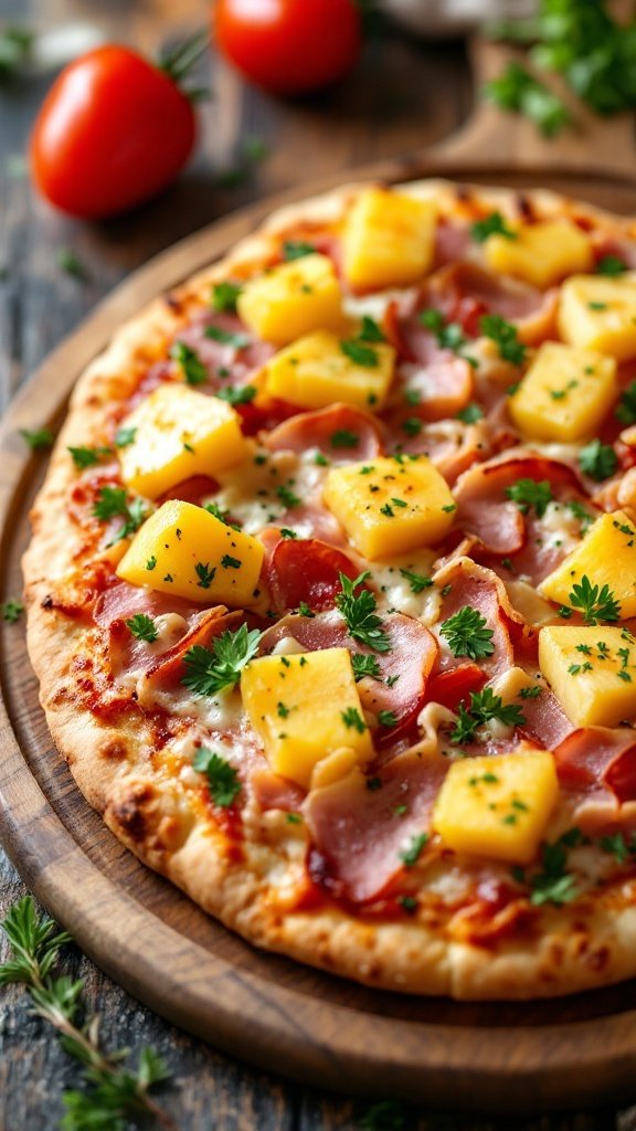Delicious Hawaiian flatbread pizza topped with ham, pineapple, and parsley.