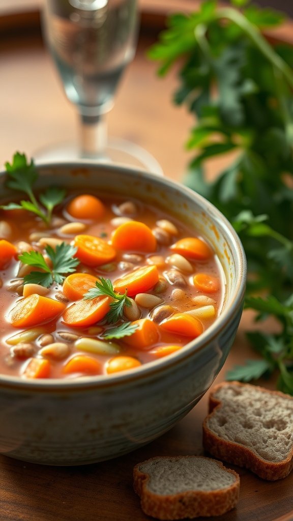 A bowl of hearty lentil soup with carrots and fresh parsley, accompanied by slices of bread.