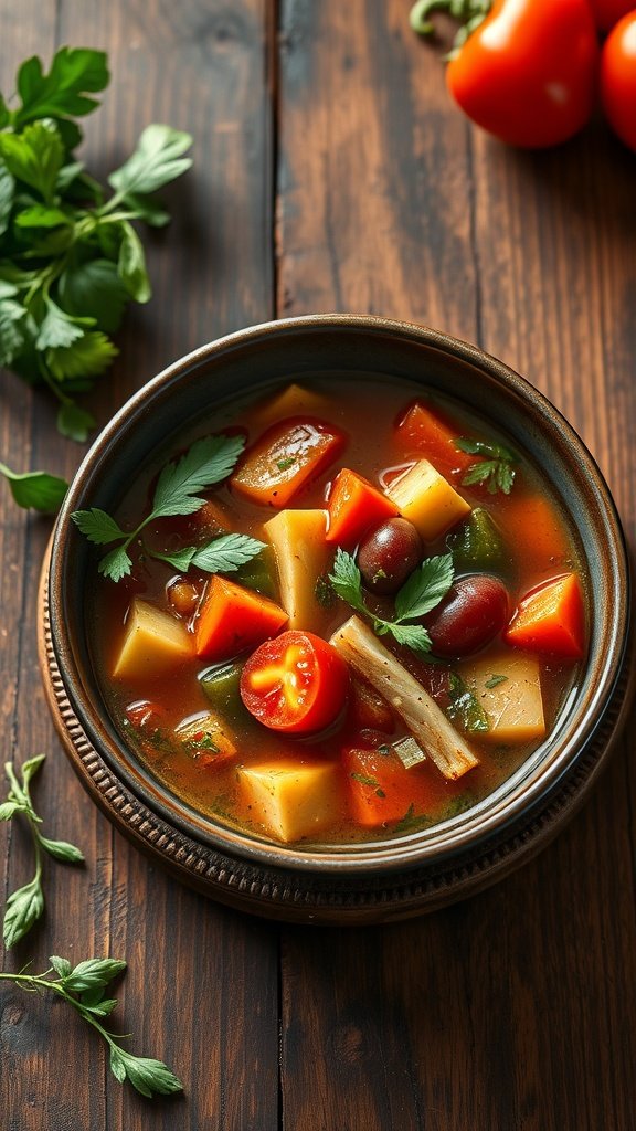 A bowl of hearty vegetable soup on a wooden table, surrounded by fresh herbs and vegetables.