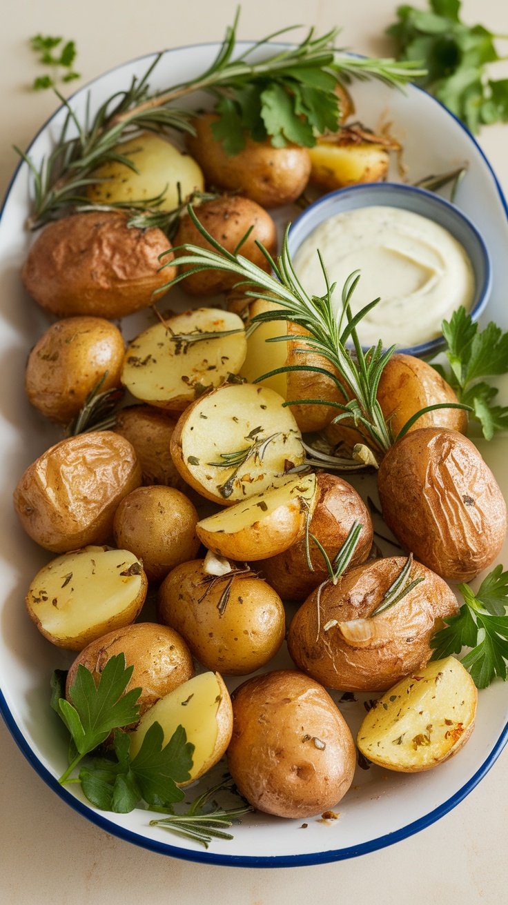 A dish of herb-roasted baby potatoes garnished with fresh herbs