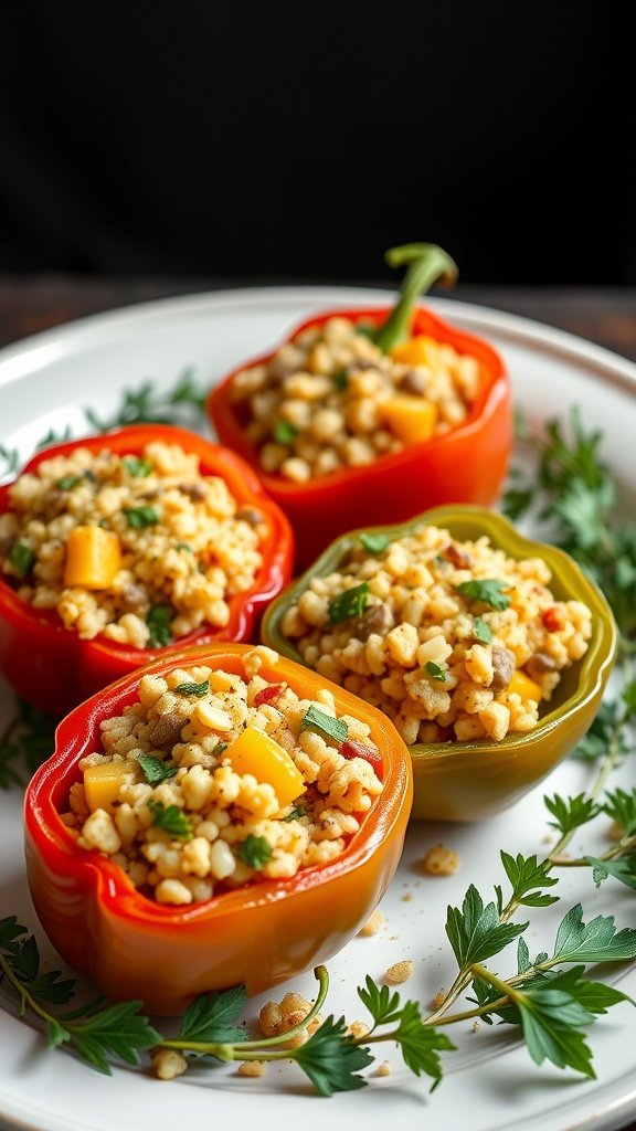 Colorful stuffed peppers filled with herbed couscous and vegetables.