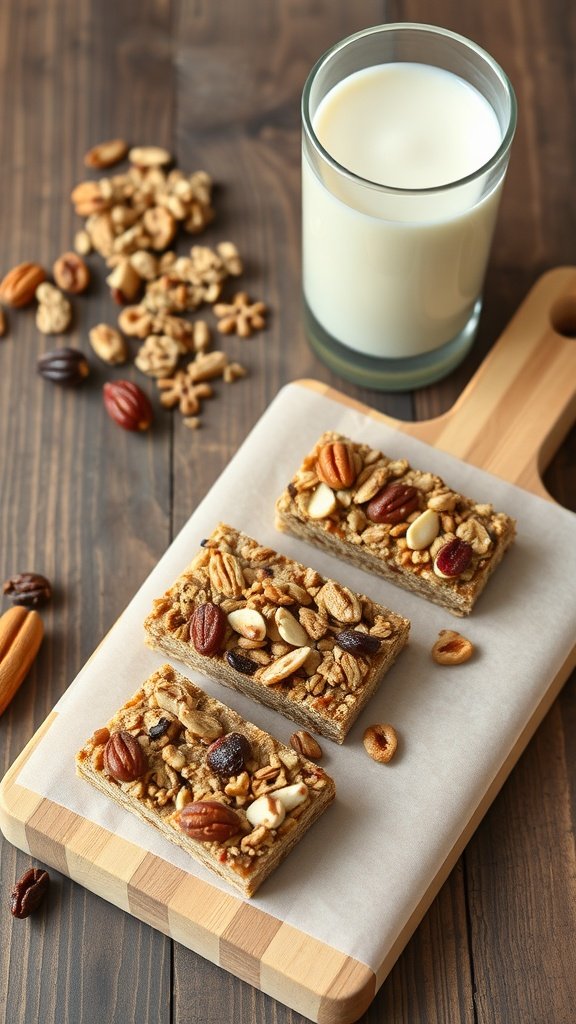 Homemade granola bars on a wooden cutting board