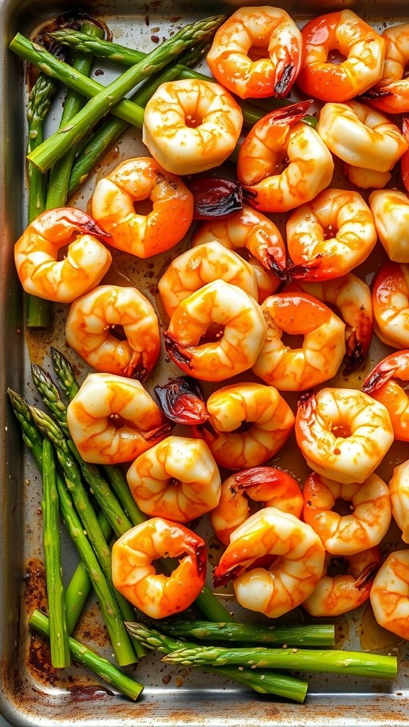 Plate of honey garlic shrimp with asparagus cooked on a sheet pan