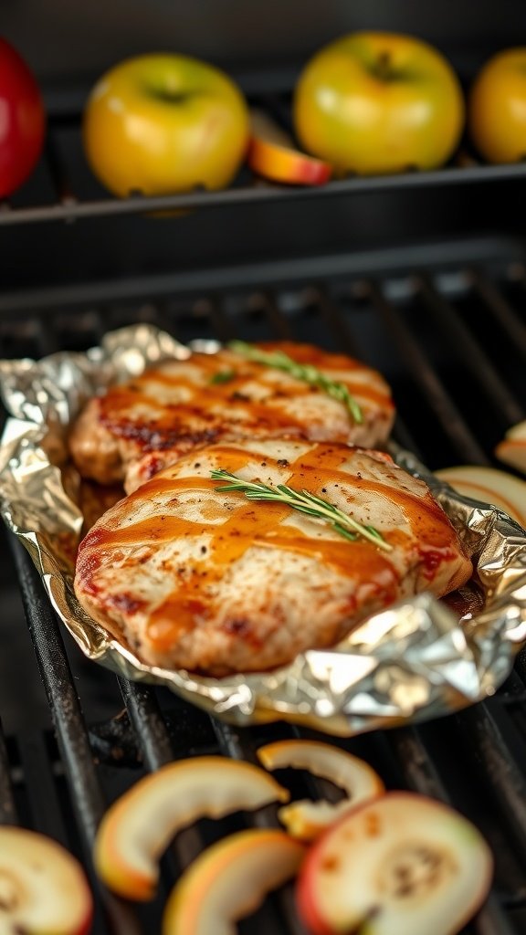 Honey mustard pork chops with apple slices in foil pack