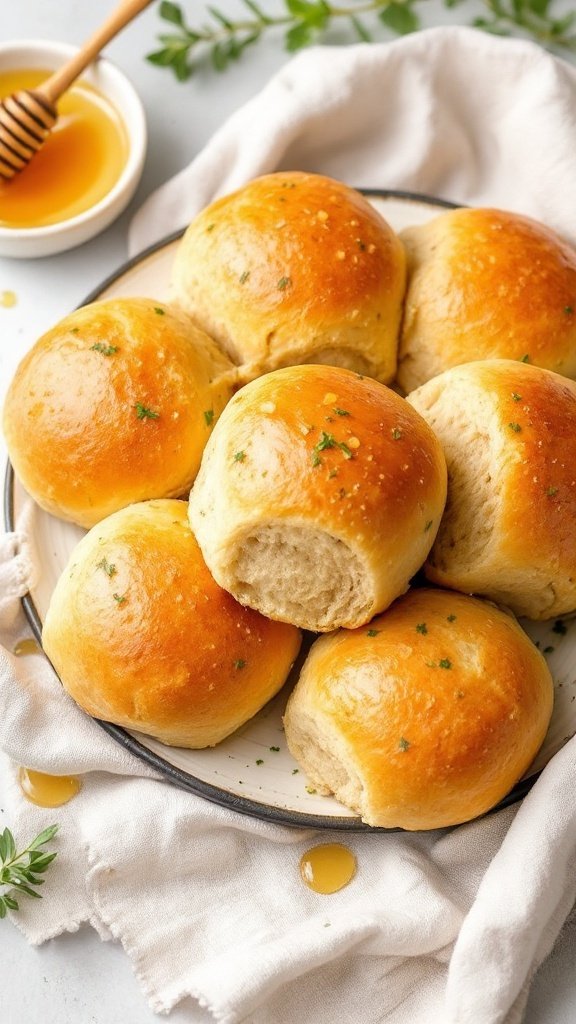 A batch of freshly baked honey whole wheat rolls on a linen towel.