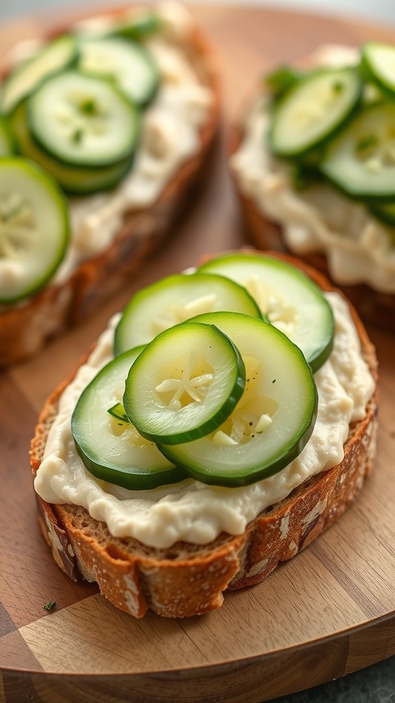 A wooden board with two pieces of bread topped with hummus and cucumber slices.

12 Cheap Bruschetta Ideas