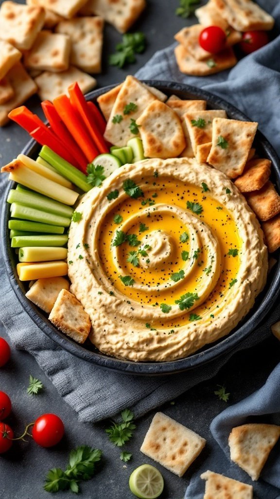 Hummus and pita platter with fresh veggies and olive oil drizzle