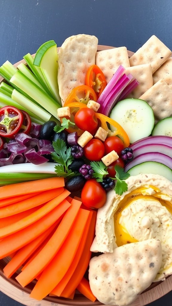 A colorful platter with hummus and assorted fresh vegetables.