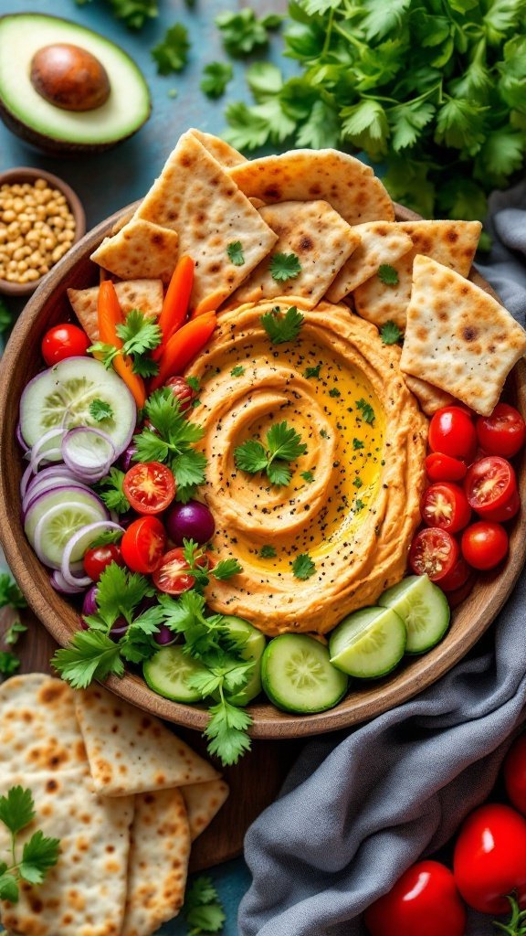 A colorful hummus and veggie power bowl with fresh vegetables and pita bread.