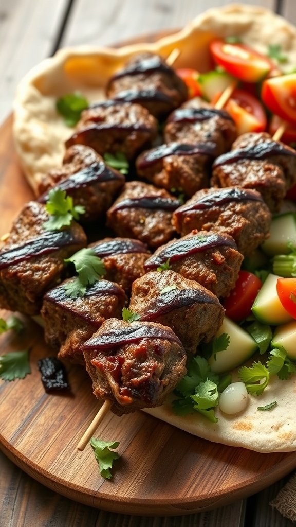 Lamb kofta kebabs served on pita bread with fresh vegetables.