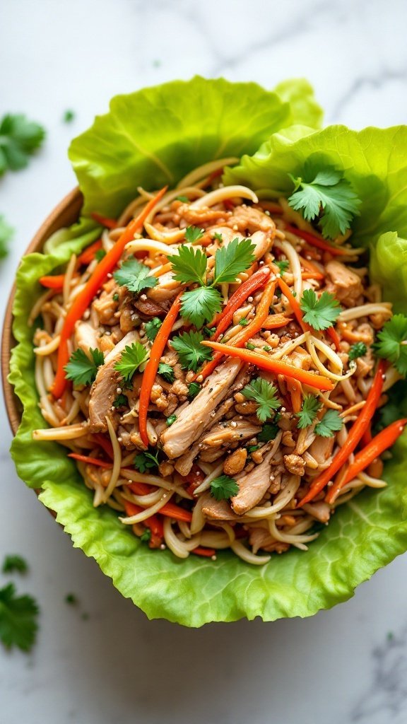 A vibrant bowl of Larb Gai, a Thai chicken salad with fresh herbs and colorful vegetables.