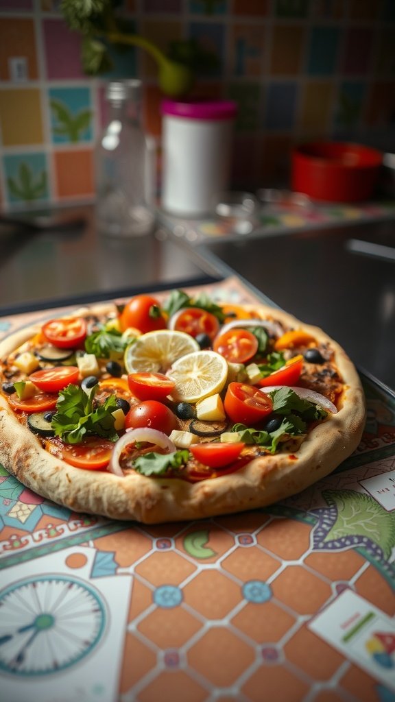 A homemade veggie pizza topped with a variety of colorful vegetables and herbs.