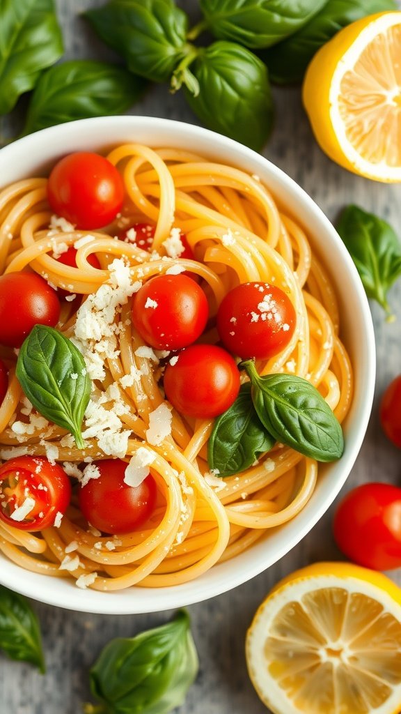 A vibrant lemon basil pasta bowl with cherry tomatoes and fresh basil.