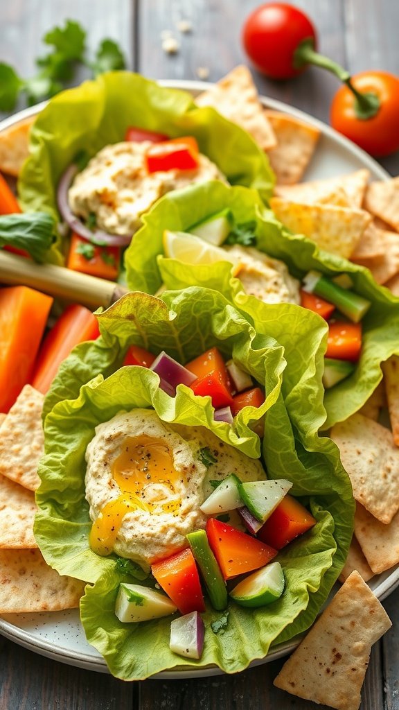 Lemon garlic hummus lettuce wraps with cherry tomatoes and cucumbers