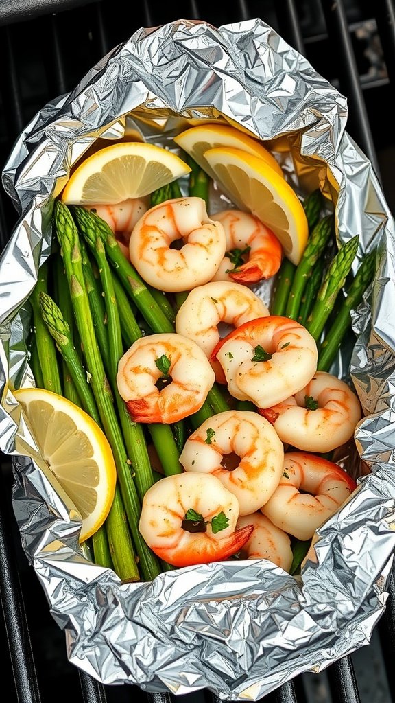 A foil pack containing shrimp and asparagus with lemon slices