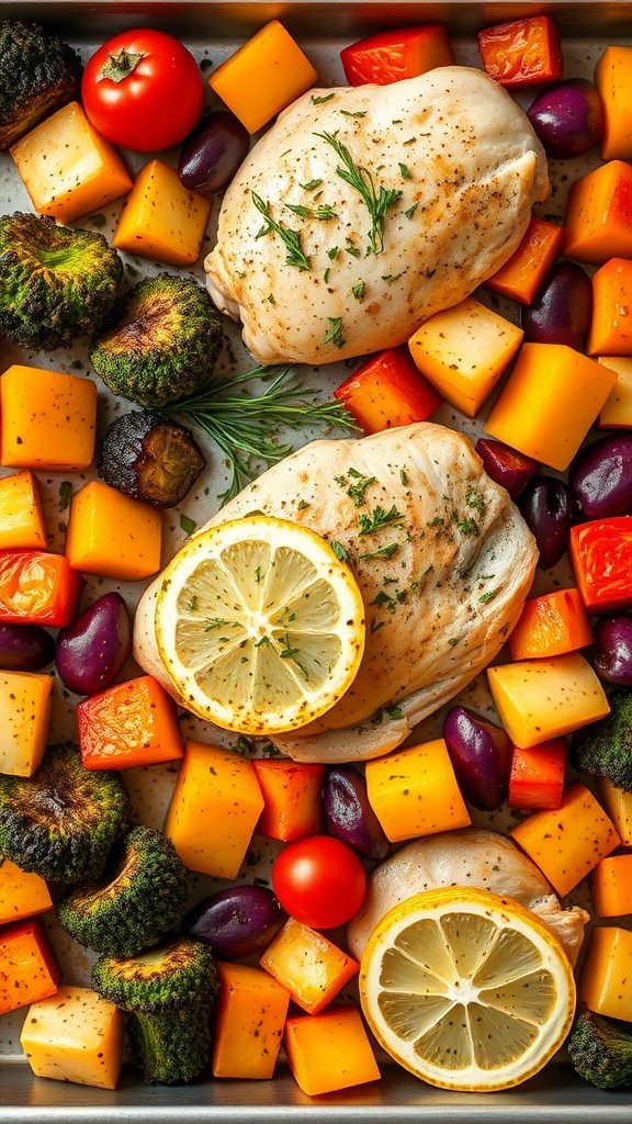 A delicious sheet pan dinner featuring lemon herb chicken and vibrant roasted vegetables.