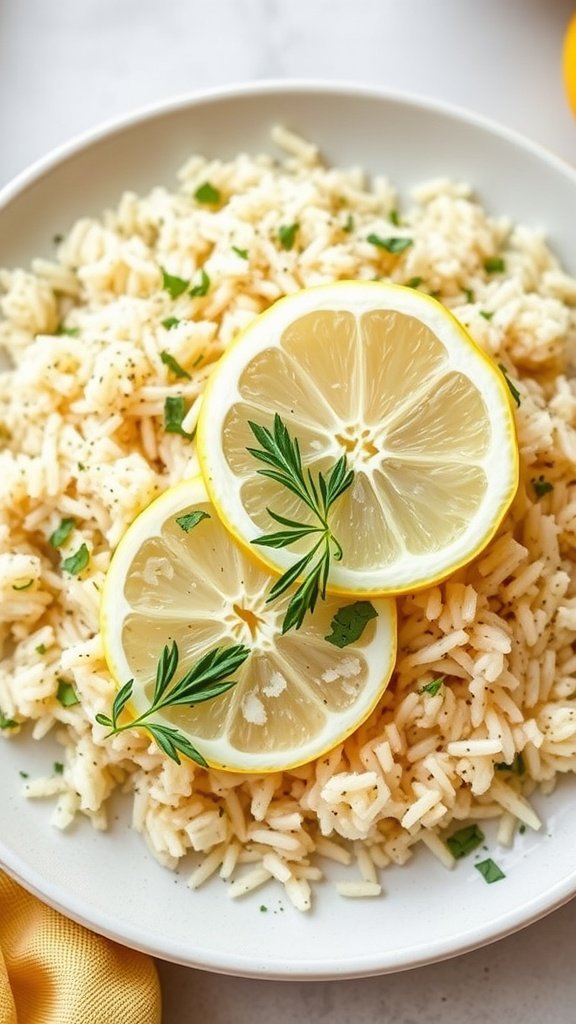 A bowl of Lemon Herb Rice Pilaf garnished with lemon slices and fresh herbs.