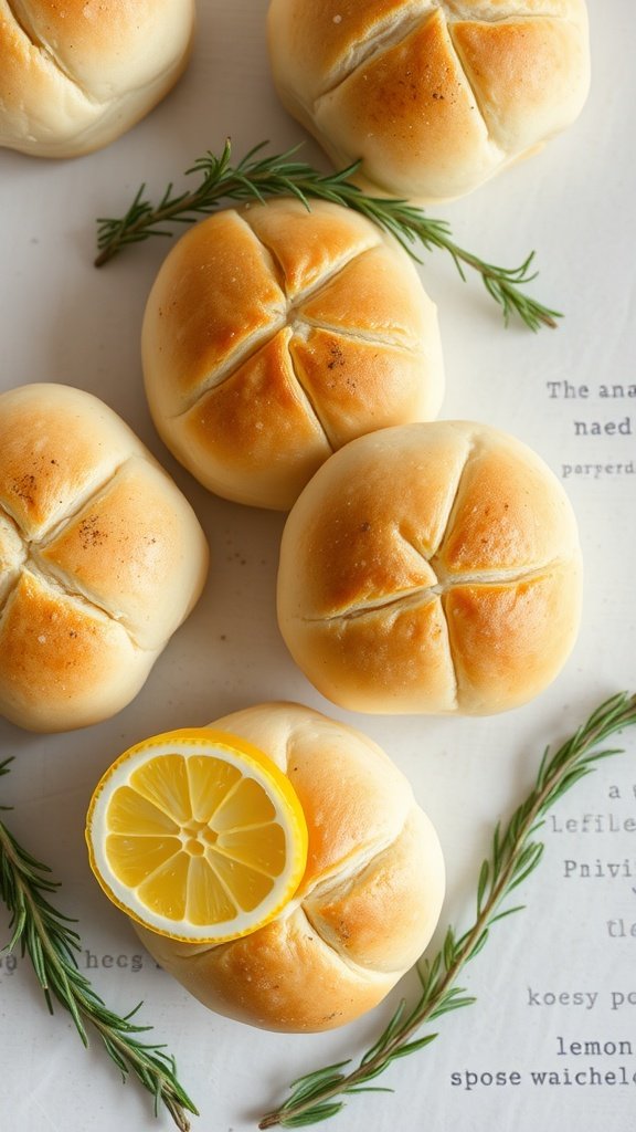 Delicious lemon rosemary rolls served with lemon slices and rosemary sprigs.