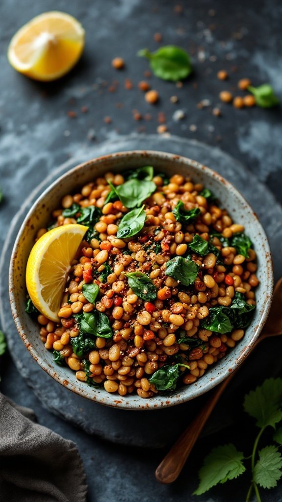 A delicious lentil and spinach bowl with a slice of lemon for garnish.