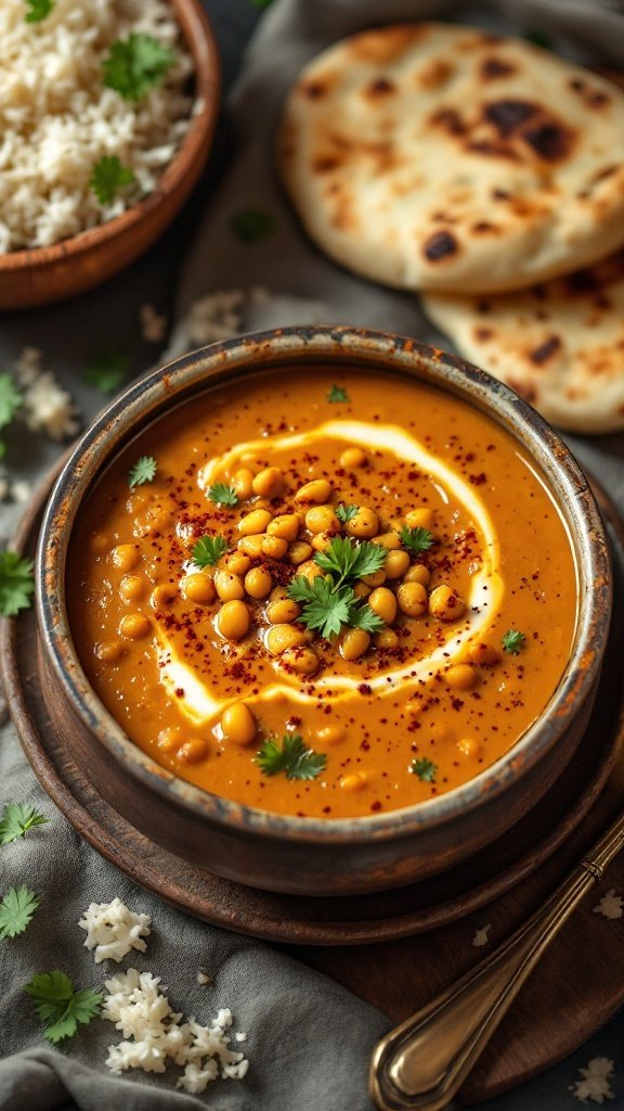 A bowl of hearty lentil dal topped with cream and cilantro, served with rice and naan.