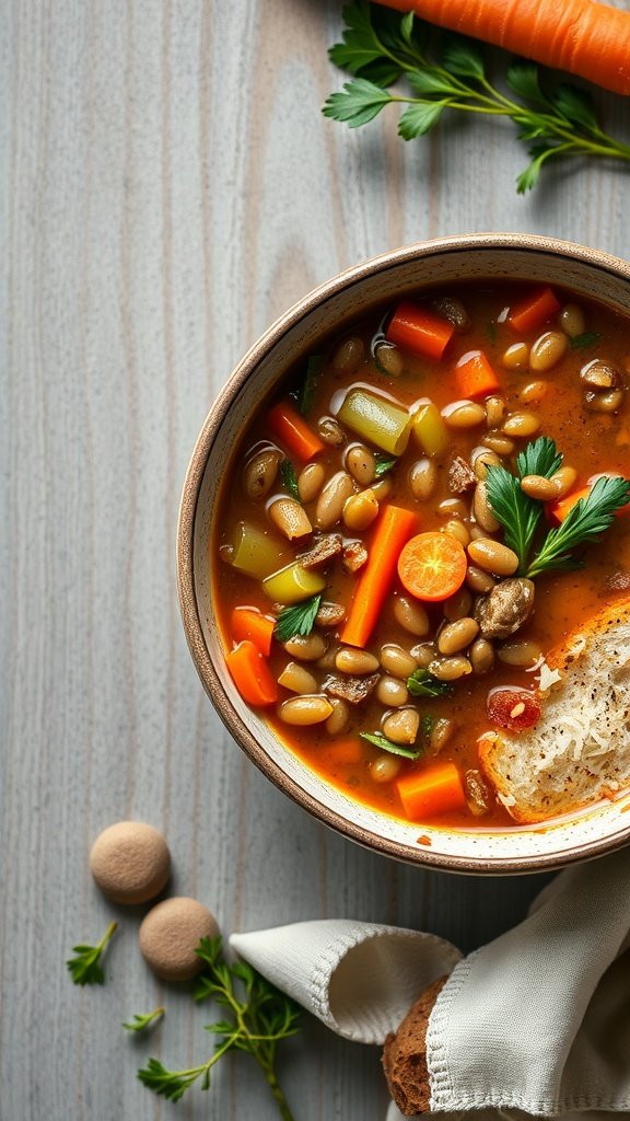 Bowl of lentil soup with carrots and celery, garnished with parsley

15 affordable Meatless Monday recipes