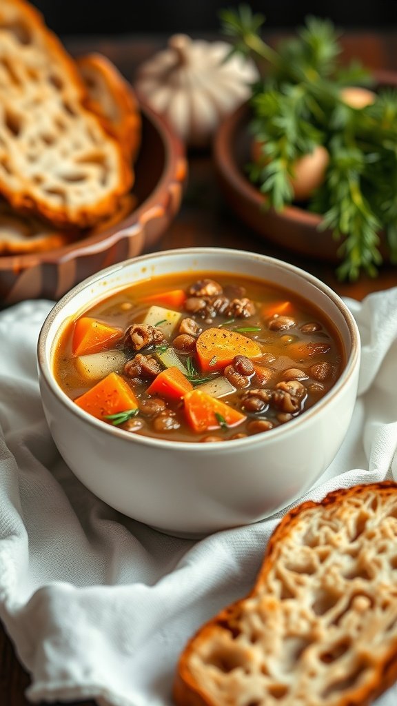 A bowl of hearty lentil soup with carrots and celery, served with slices of bread.