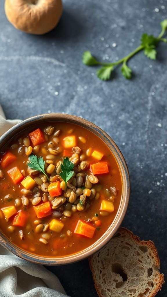 A bowl of lentil soup with carrots and celery, garnished with parsley.